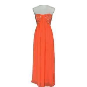MORGAN & CO Strapless Neon orange Evening Gown dress Rhinestone Formal Sz 7/8